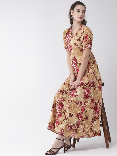 

U&F Women Beige & Maroon Floral Print Maxi Dress
