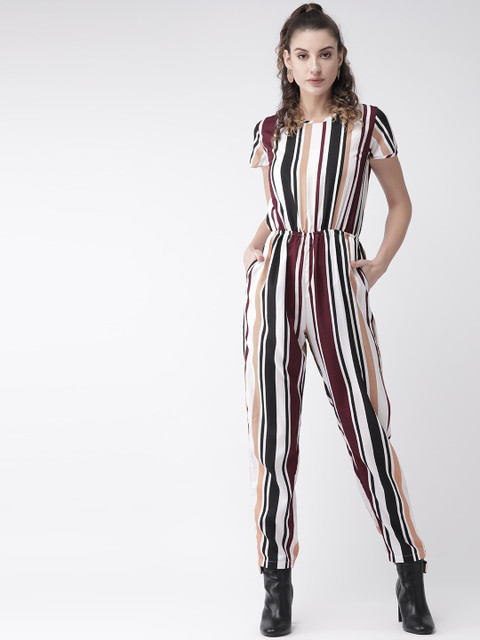 

U&F Women Off-White & Burgundy Striped Basic Jumpsuit