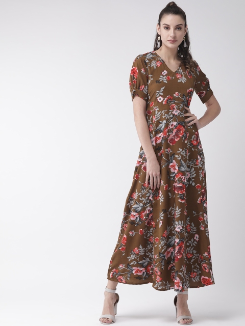 

U&F Women Olive Brown & Red Printed Maxi Dress