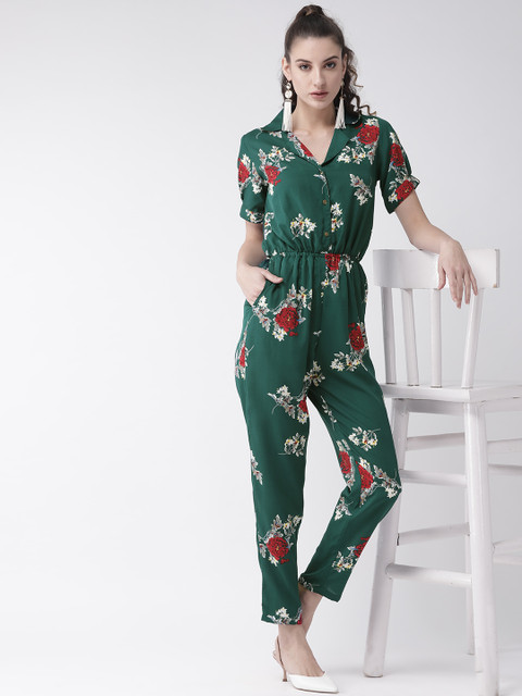 

U&F Women Green & Off-White Printed Basic Jumpsuit