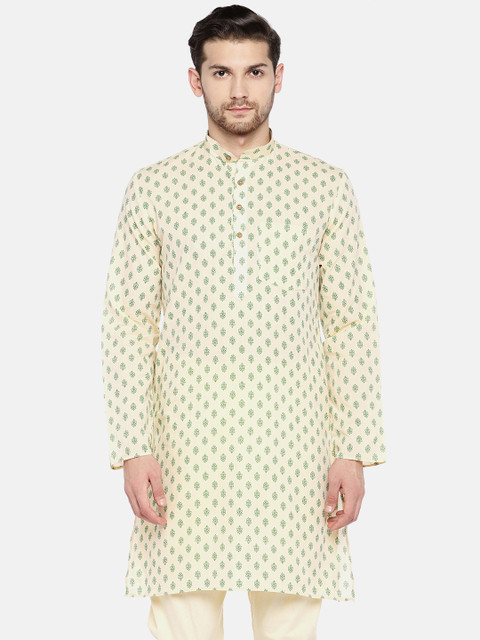 

RAJUBHAI HARGOVINDAS Men Beige & Green Printed Straight Kurta