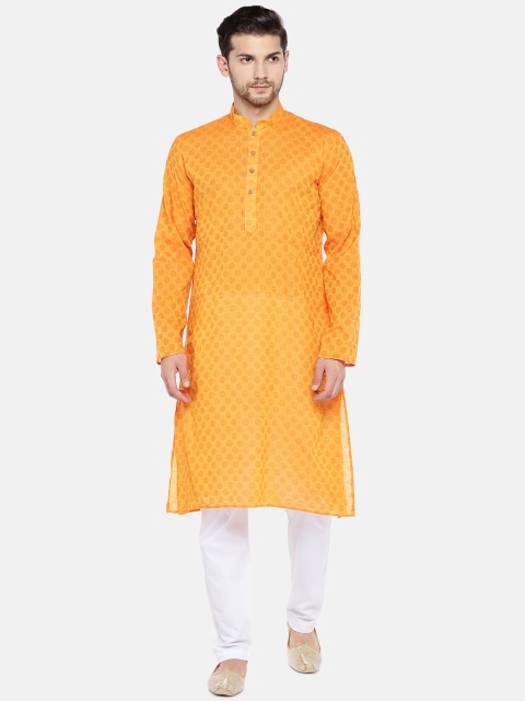 

RAJUBHAI HARGOVINDAS Men Yellow & Orange Woven Design Straight Kurta