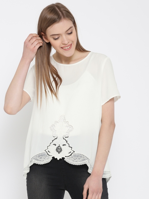 

FOREVER 21 Women White Crochet Detail Semi-Sheer Top