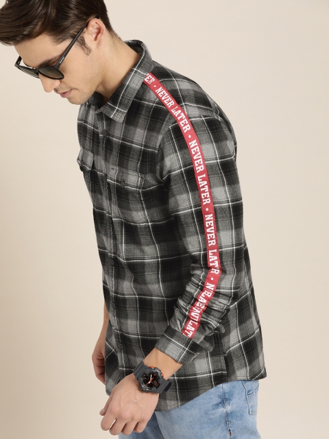 

Moda Rapido Men Grey & Black Slim Fit Checked Casual Shirt With Printed Taping Detail
