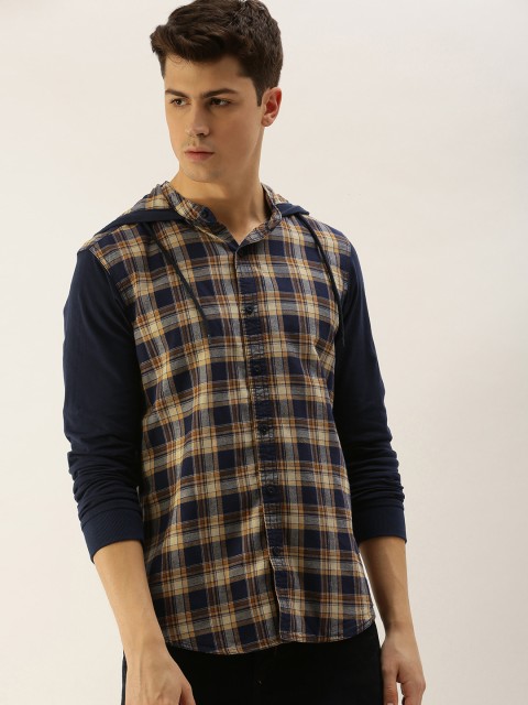 

Moda Rapido Men Navy Blue & Beige Slim Fit Checked Hooded Casual Shirt