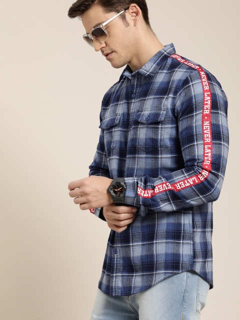 

Moda Rapido Men Blue & White Slim Fit Checked Casual Shirt With Printed Taping Detail