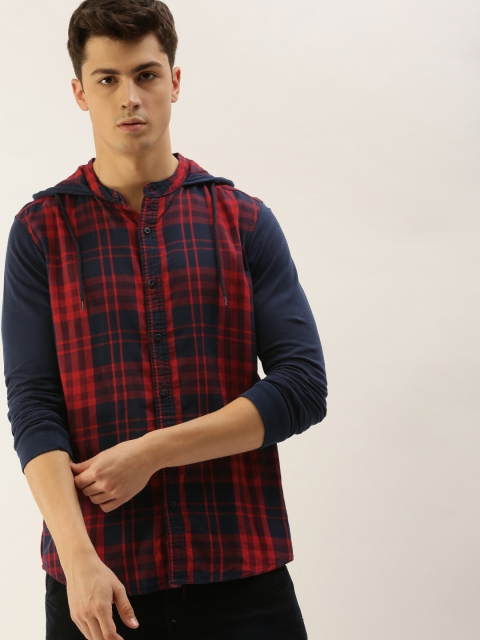 

Moda Rapido Men Navy Blue & Red Slim Fit Checked Hooded Casual Shirt