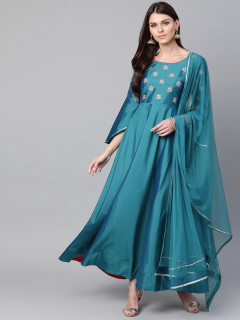 

Libas Women Teal Blue & Golden Chanderi Embroidered Maxi Dress With Dupatta