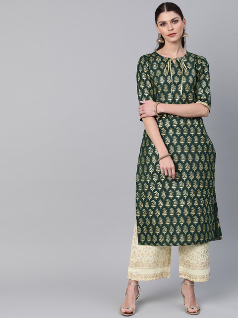 

Libas Women Green & Cream-Coloured Block Print Kurta with Palazzos