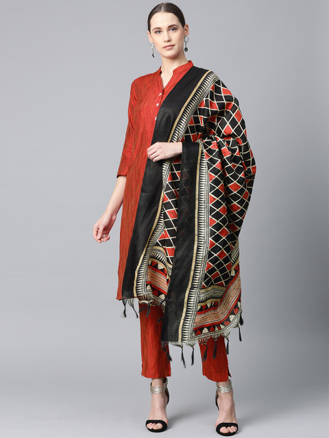 

Jompers Women Red & Black Woven Design Kurta with Trousers & Dupatta