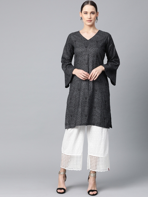 

Jompers Women Charcoal Grey & Black Printed Straight Kurta