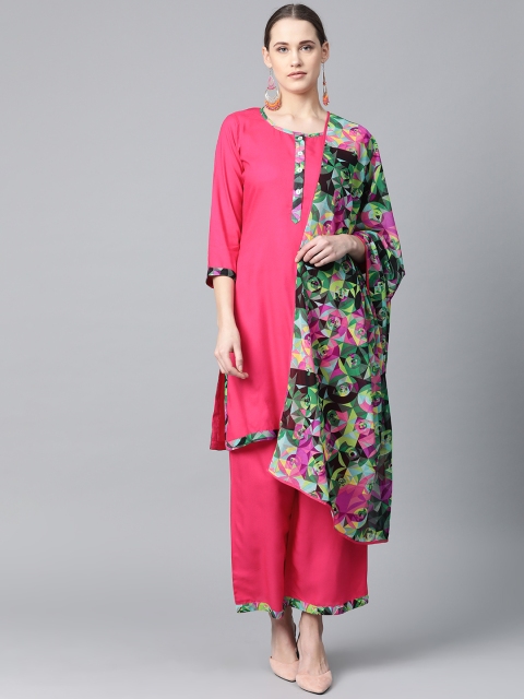

Jompers Women Magenta & Green Solid Kurta with Palazzos & Dupatta