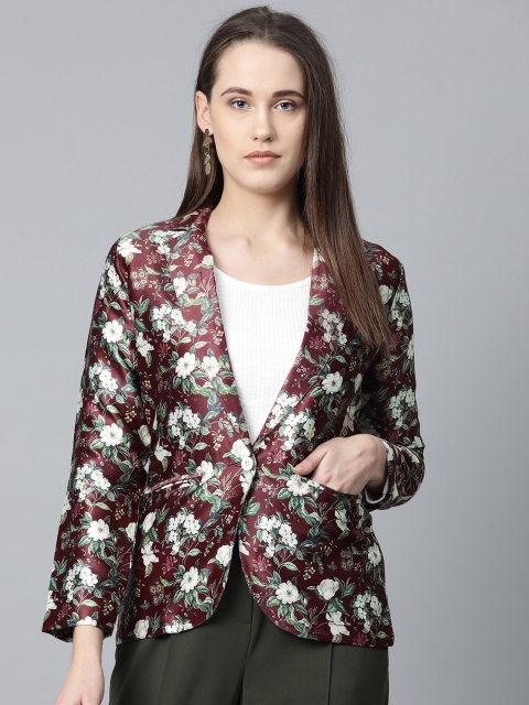 

Jompers Women Maroon & Green Satin Floral Print Single-Breasted Casual Blazer