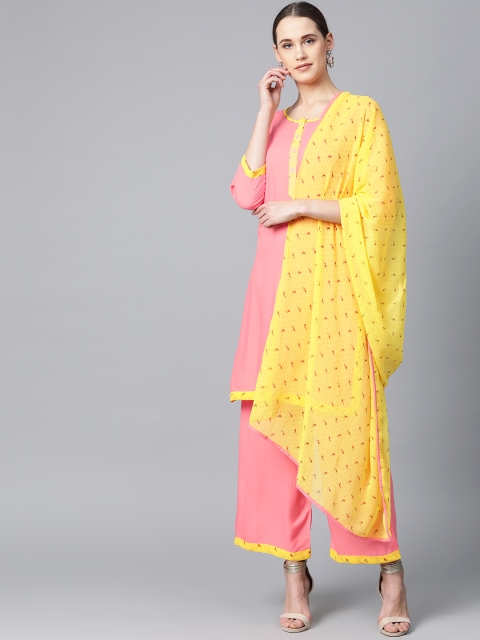 

Jompers Women Peach-Coloured & Yellow Solid Kurta with Palazzos & Dupatta