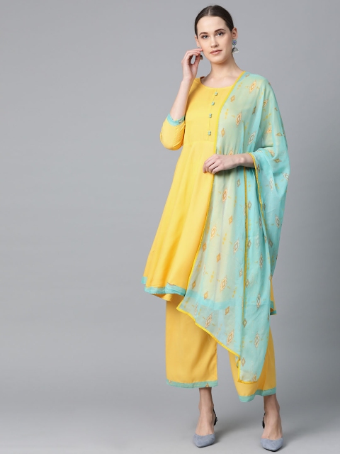 

Jompers Women Yellow & Blue Solid Kurta with Palazzos & Dupatta
