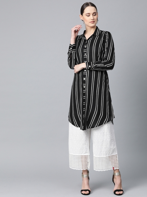 

Jompers Women Black & White Striped Straight Kurta