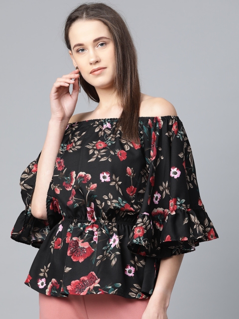 

Jompers Women Black Floral Printed Bardot Top