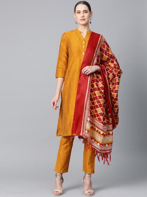

Jompers Women Mustard Yellow & Red Woven Design Kurta with Trousers & Dupatta