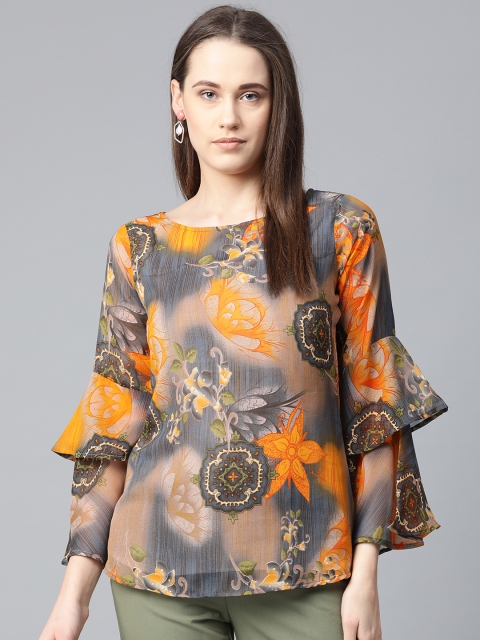 

Jompers Women Grey & Mustard Yellow Floral Printed Top