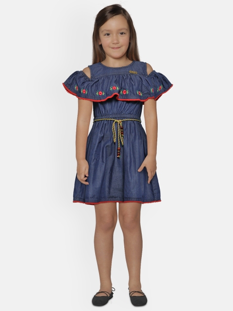 

612 league Girls Navy Blue Solid Chambray Fit and Flare Dress with Belt