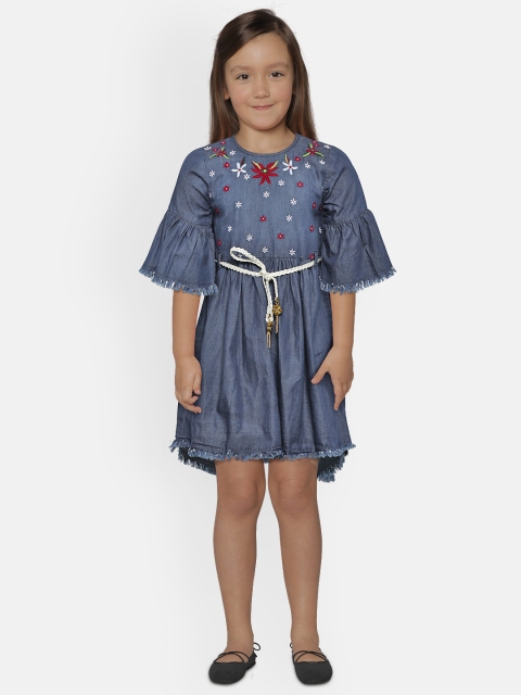 

612 league Girls Navy Blue & Red Embroidered Chambray Fit and Flare Dress with Belt