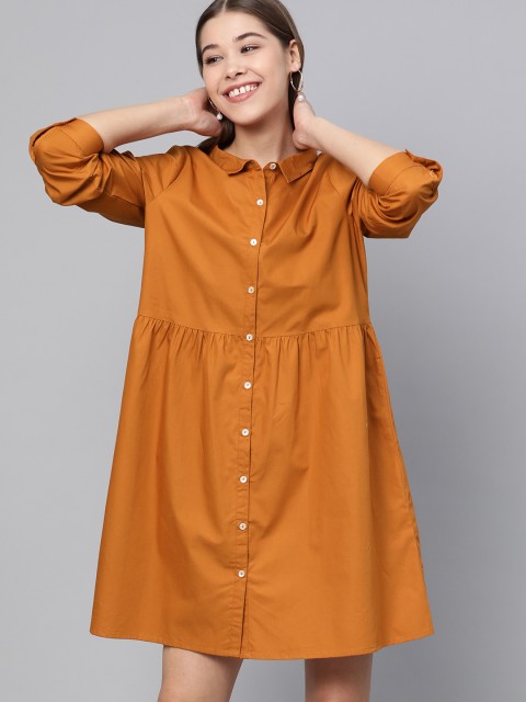 

Mast & Harbour Women Mustard Brown Solid Shirt Dress