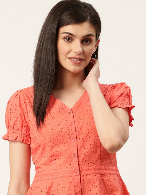 

Mast & Harbour Coral Orange Schiffli Embroidered Peplum Pure Cotton Top