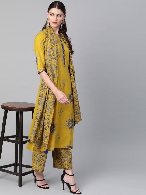 

Libas Women Mustard Yellow & Blue Printed Kurta with Palazzos & Dupatta