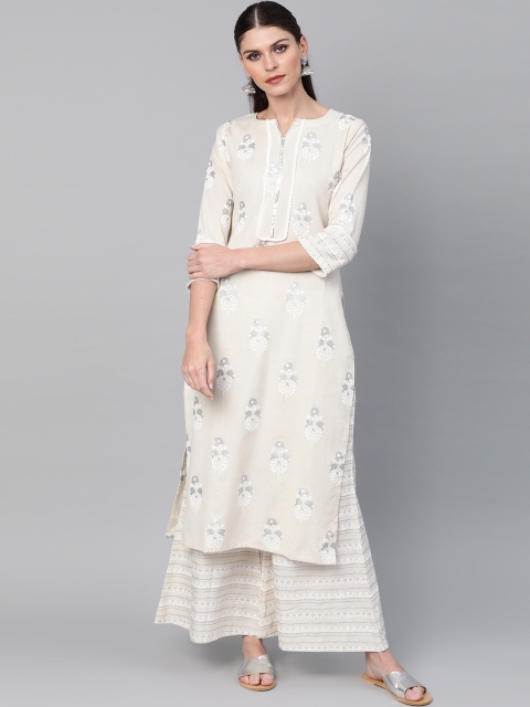 

Libas Women Off-White & Silver Printed Kurta with Palazzos, Beige