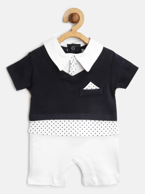 

Moms Love Boys Navy Blue & White Coloublocked Rompers