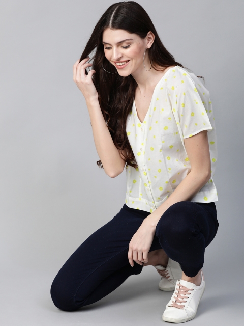 

Mast & Harbour Women Off-White & Lime-Green Floral Printed Boxy Pure Cotton Top