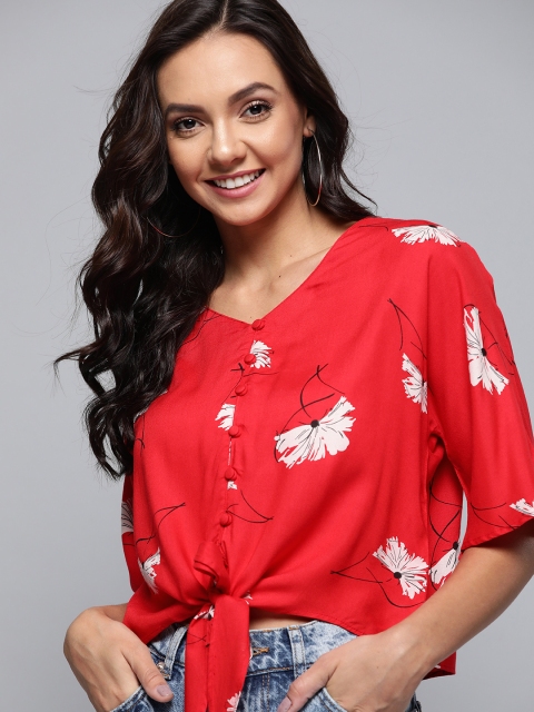 

Mast & Harbour Women Red & Off-White Floral Printed Boxy Top
