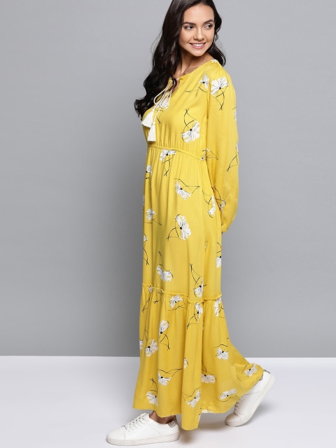 

Mast & Harbour Women Mustard Yellow & White Floral Printed Maxi Sustainable ECOVERO Dress