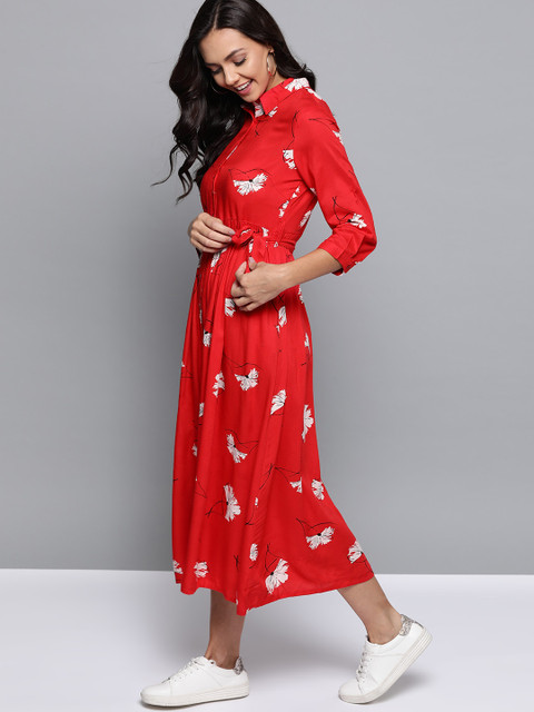 

Mast & Harbour Women Red & Off-White Floral Printed Shirt Sustainable Dress