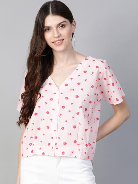 

Mast & Harbour Women Pink Floral Printed Boxy Pure Cotton Top