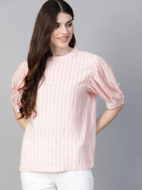 

Mast & Harbour Women Pink & White Striped Styled Back Top