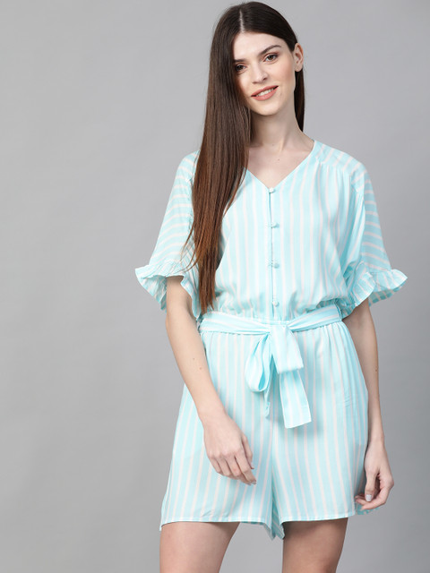 

Mast & Harbour Women White & Blue Striped Playsuit