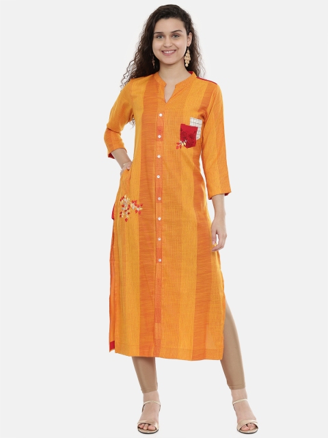 

Neerus Women Mustard Yellow & Red Striped Straight Kurta With Pocket Detail