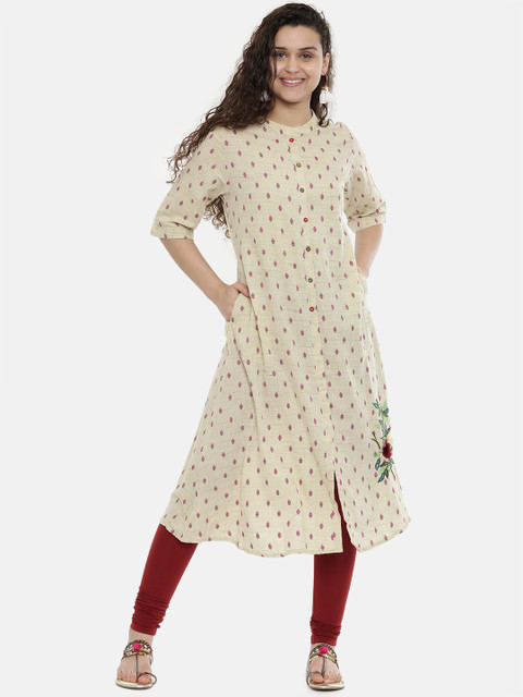 

Neerus Women Cream-Coloured & Maroon Woven design A-Line Kurta