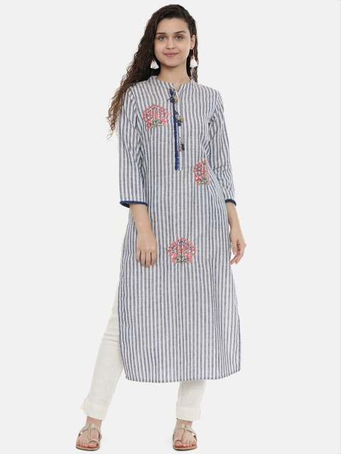 

Neerus Women Blue & Off-White Striped Straight Kurta With Embroidered Detail