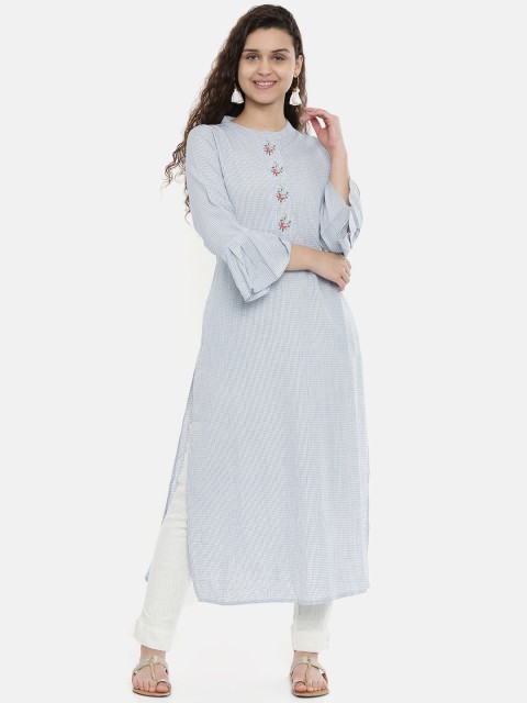 

Neerus Women Grey & White Checked A-Line Kurta With Embroidered Detail