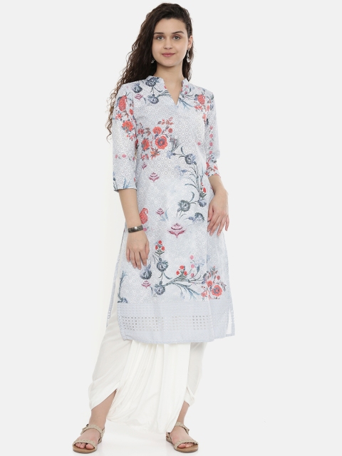 

Neerus Women Grey & Peach-Coloured Floral Print Straight Kurta