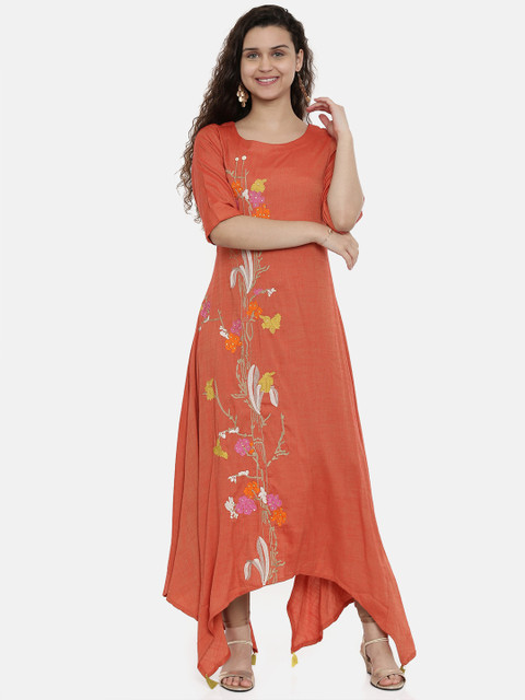 

Neerus Women Rust Red Floral Embroidered Asymmetric A-Line Kurta