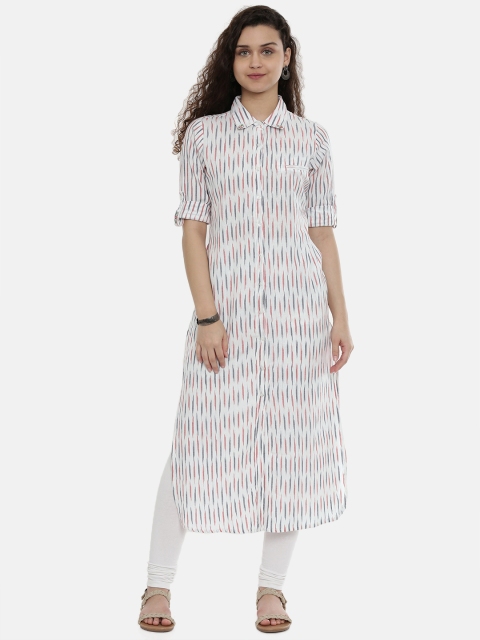 

Neerus Women White & Red Woven Design Straight Fusion Kurta