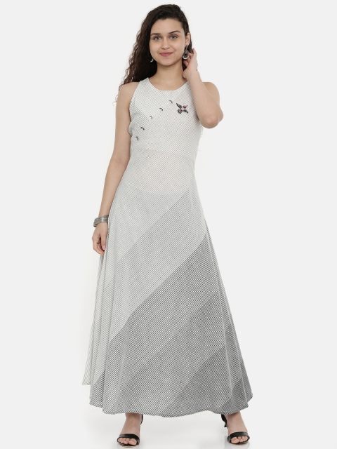 

Neerus Women Off-White & Black Striped A-Line Kurta With Embroidery Detail