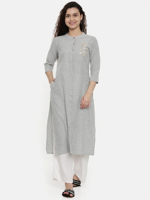 

Neerus Women White & Black Striped A-Line Kurta
