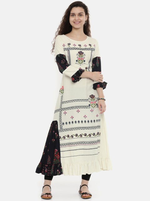 

Neerus Women Off-White & Navy Blue Embroidered A-Line Kurta