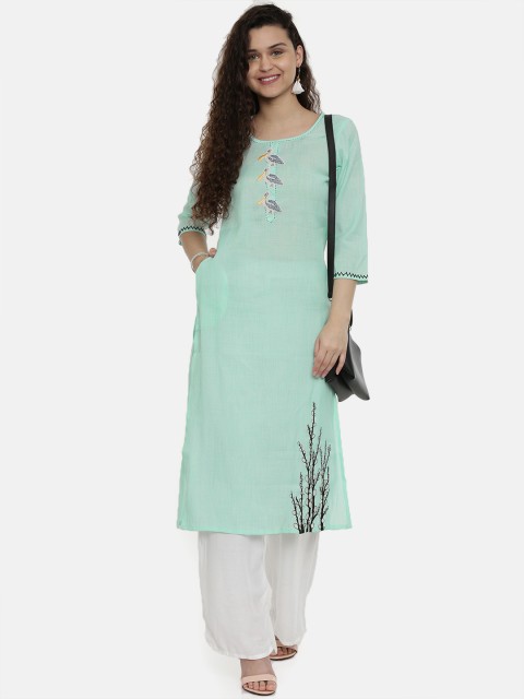 

Neerus Women Sea Green Solid Straight Kurta With Embroidered Detail