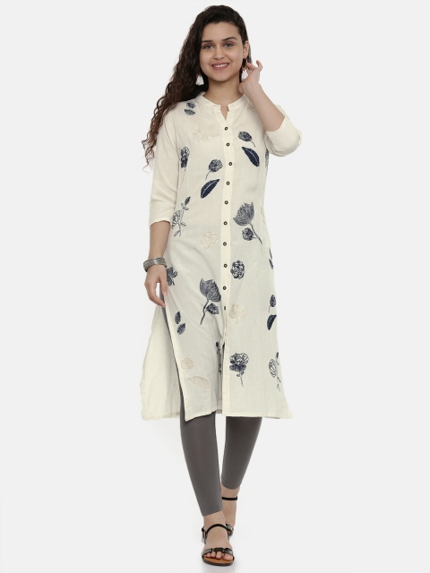

Neerus Women Off-White & Blue Floral Embroidered A-Line Kurta