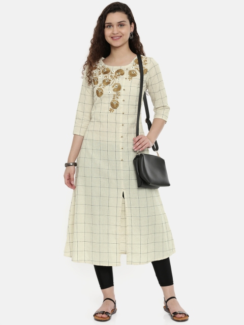 

Neerus Women Beige & Black Checked A-Line Kurta With Embroidered Detail